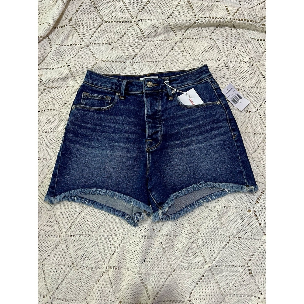 Good American Dark Blue Denim Jean Shorts with Frayed Hem
